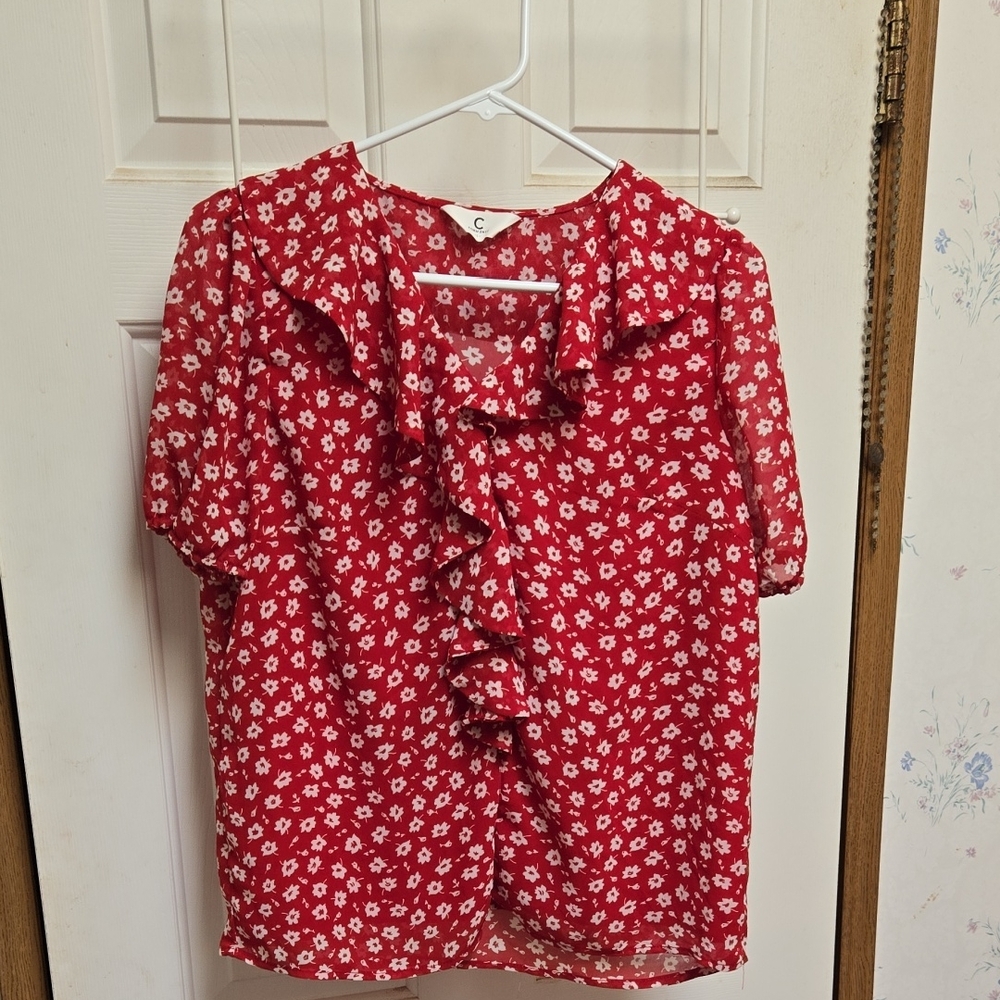 Commense Red Ruffled Peter Pan Collar Blouse